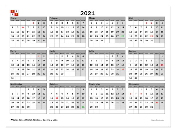 Calendario de fiestas laborales en Castilla y León  para el año 2021.